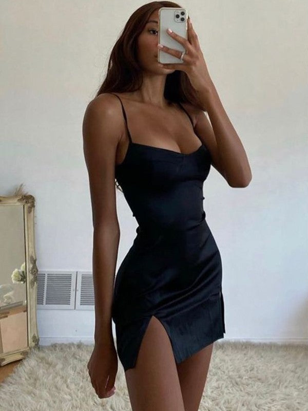 Vestidos cortos/mini sin mangas con tirantes finos fruncidos de satén tejido y corte tubo/columna